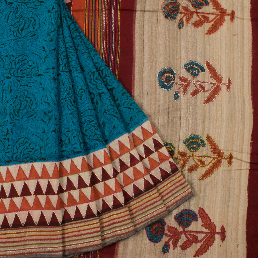 Hand Block Printed and Kantha Embroidered Matka Silk Saree with Floral Design and Geecha Pallu