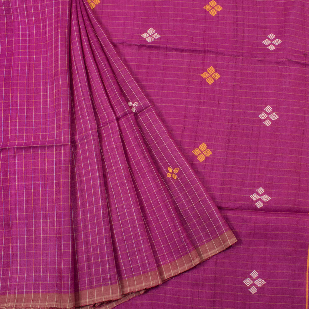 Handloom Odisha Tussar Silk Saree with Checks Design and Floral Pallu