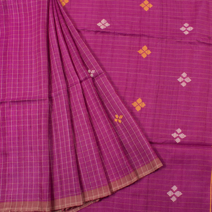 Handloom Odisha Tussar Silk Saree with Checks Design and Floral Pallu