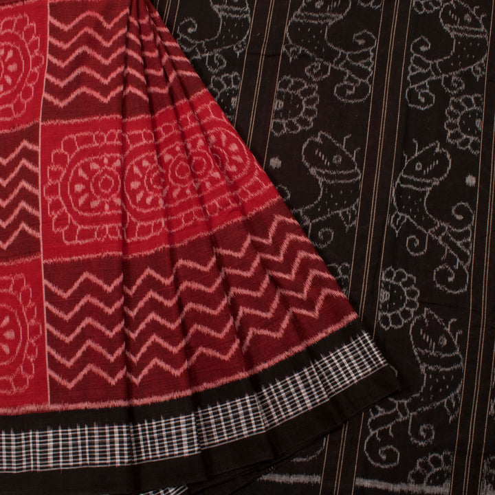 Handloom Odisha Ikat Cotton Saree with Checks Design and Fish Motif Pallu