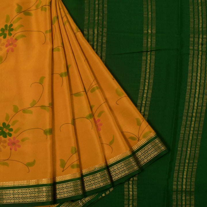 Hand Painted Mysore Crepe Silk Saree with Floral Design and Zari Border