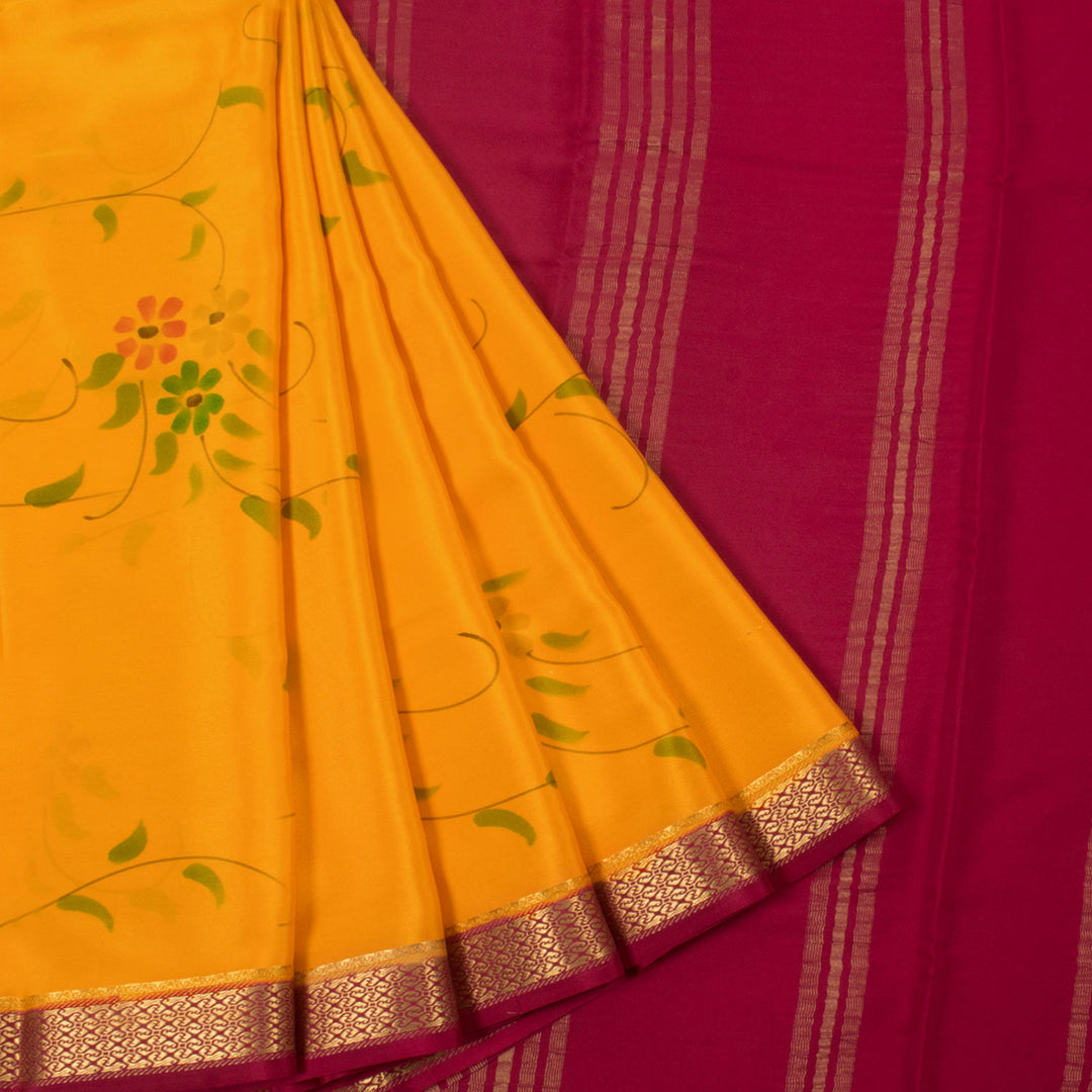 Hand Painted Mysore Crepe Silk Saree with Floral Design and Zari Border