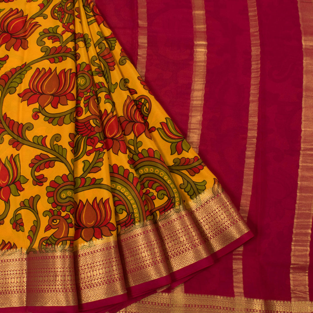 Hand Painted Mysore Crepe Silk Saree with Kalamkari Peacock Floral Design and Zari Border