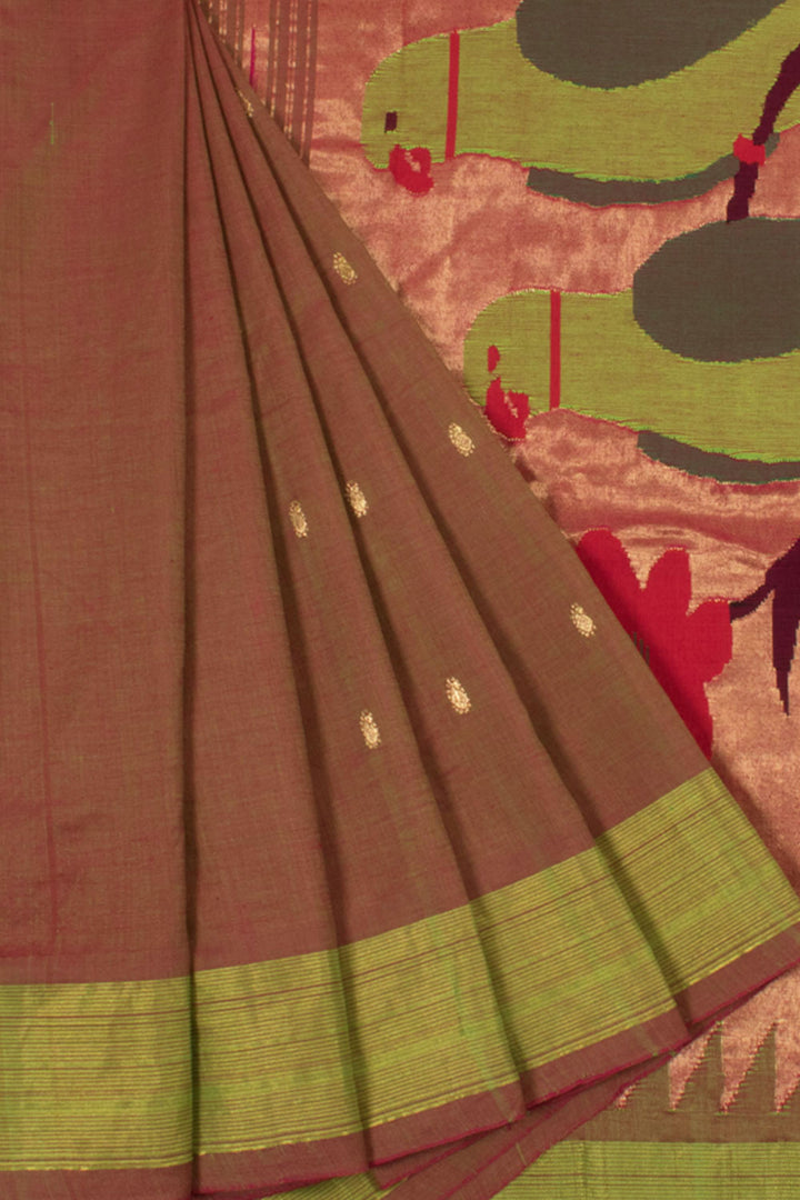 Handloom Hastakala Paithani Cotton Saree with Paisley Zari Motifs and Parrots Pallu
