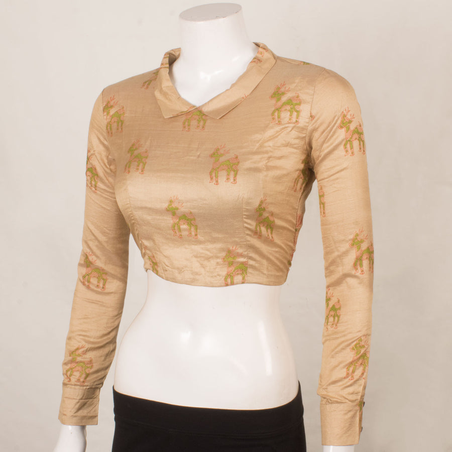 Hand Block Printed Silk Cotton Blouse with Deer Motifs and Collar Neck