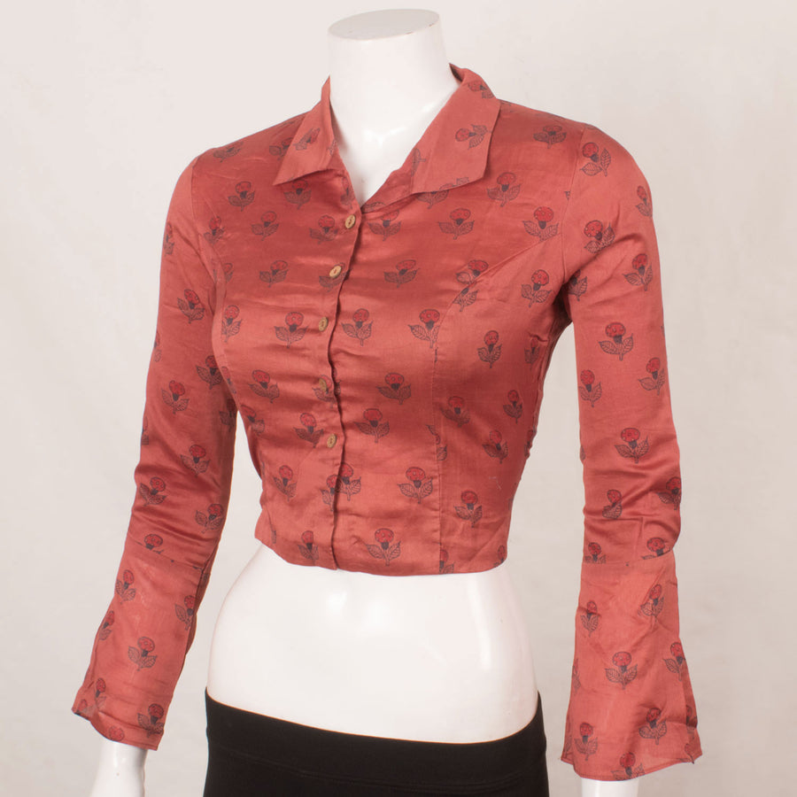 Hand Block Printed Silk Cotton Blouse with Floral Motifs, Full Sleeves and Collar Neck