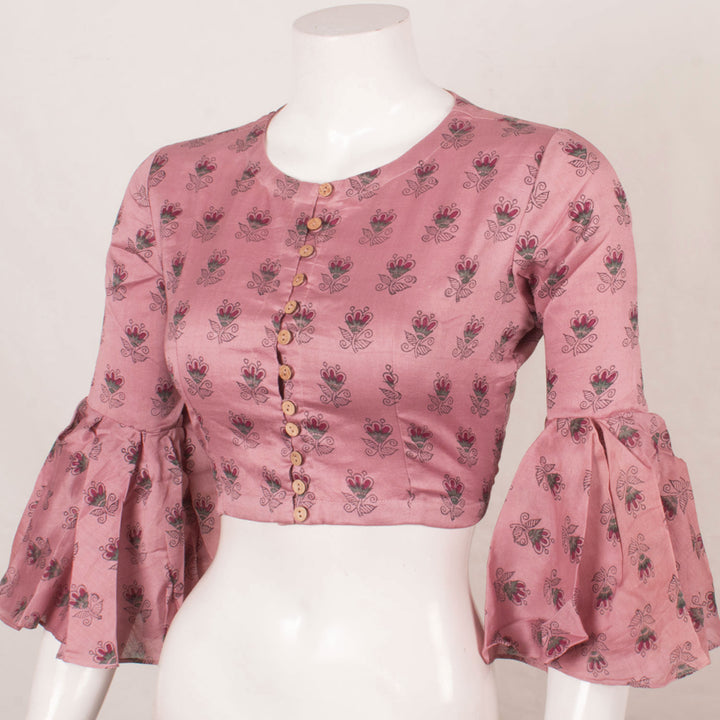 Hand Block Printed Silk Cotton Blouse with Floral Motifs and Bell Sleeves 