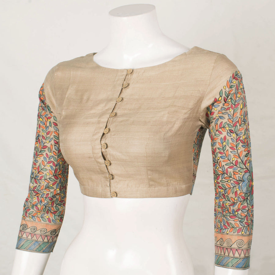 Hand Painted Madhubani Tussar Silk Blouse with Floral Design