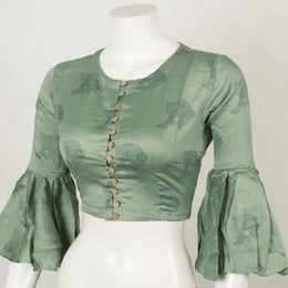 Hand Block Printed Silk Cotton Blouse with Fish Motifs and Bell Sleeves