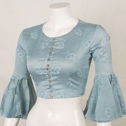 Hand Block Printed Silk Cotton Blouse with Bird Motifs and Bell Sleeves
