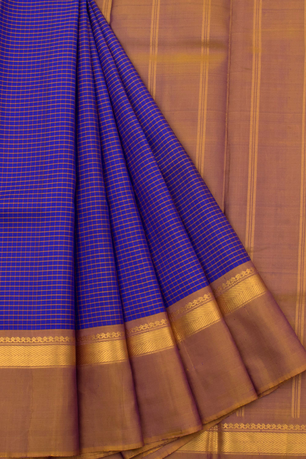 Handloom Pure Zari Kanjivaram Silk Saree with Checks Design and Salangai Border
