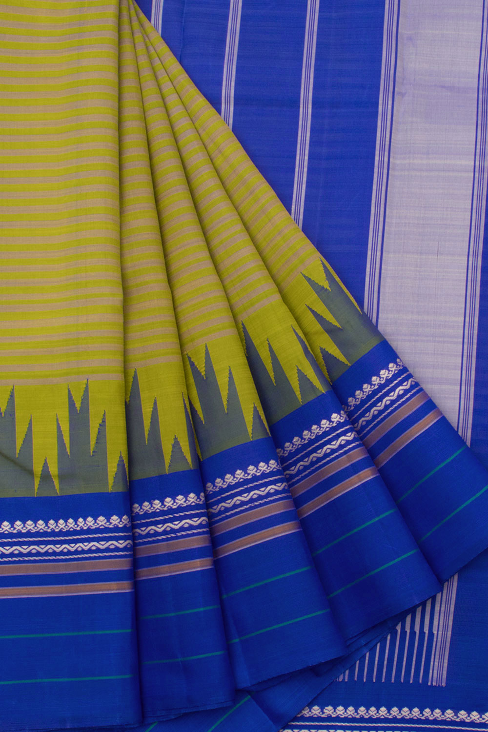 Handloom Thread work Korvai Kanjivaram Silk Saree with Stripes Design and Temple Rekku Border 