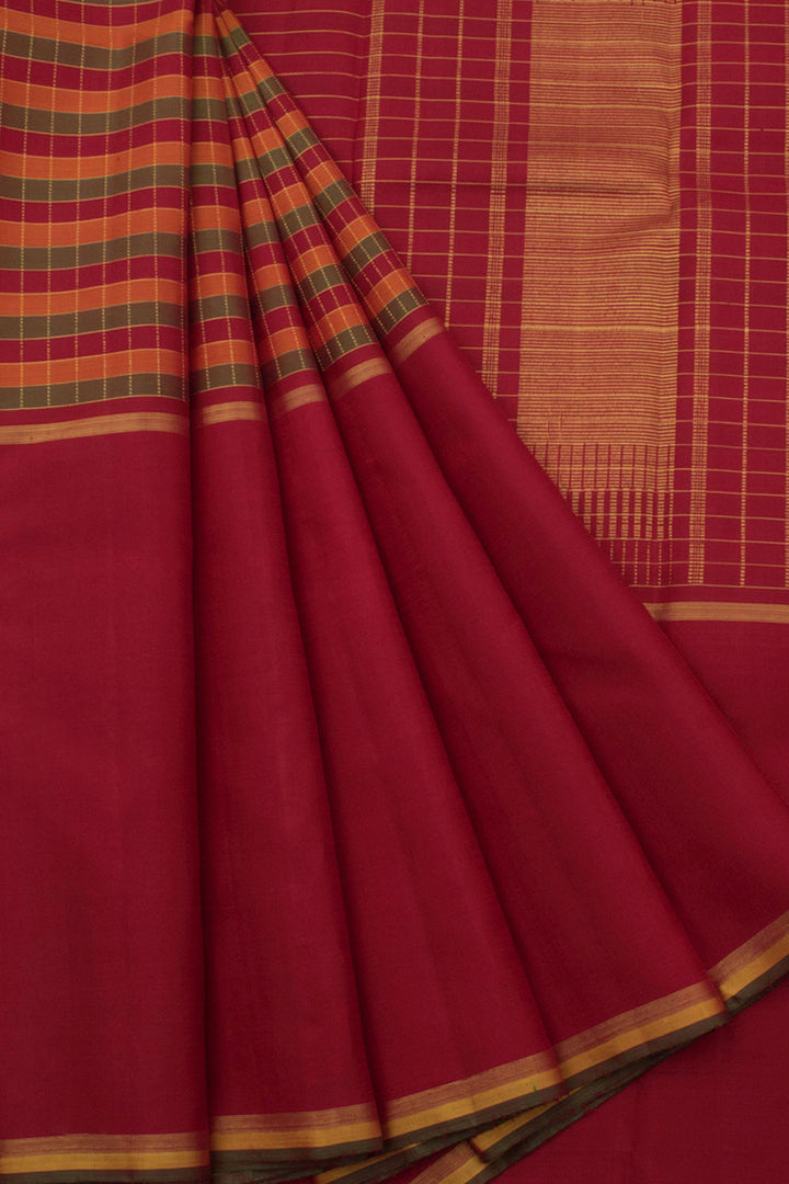 Handloom Pure Zari Muppagam Kanjivaram Silk Saree with Zari Checks Design