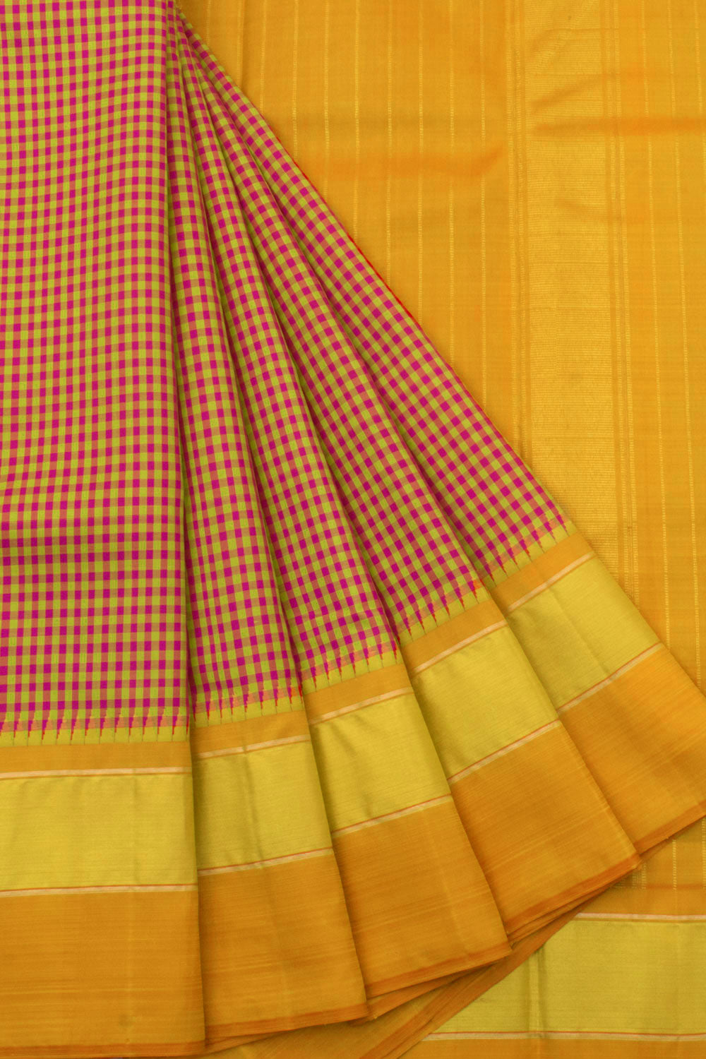 Handloom Pure Zari Korvai Kanjivaram Silk Saree with Checks Design and Temple Tissue Border