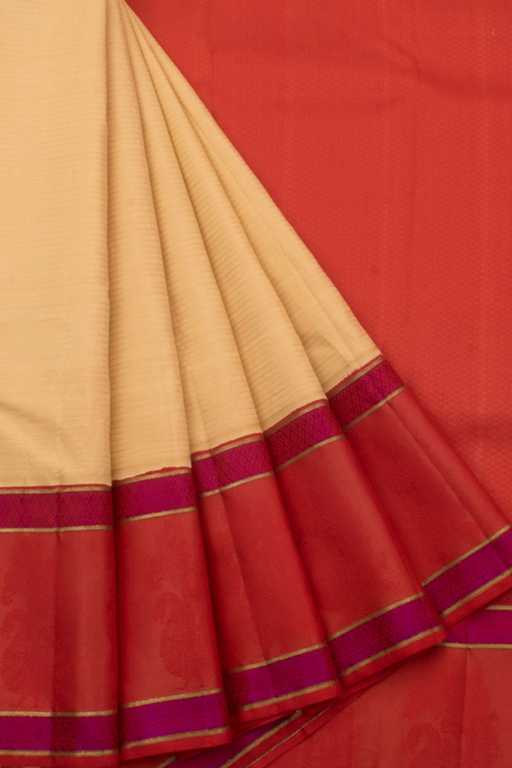 Handloom Pure Zari Korvai Kanjivaram Silk Saree with Zari Stripes Design and Jacquard Peacock Border
