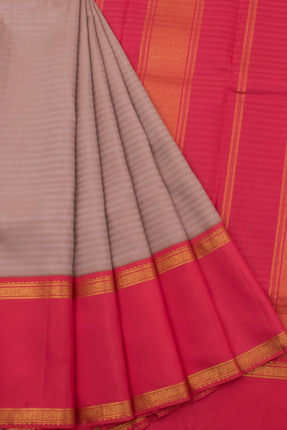 Handloom Pure Zari Korvai Kanjivaram Silk Saree with Self Stripes Design and Ganga Jamuna Border