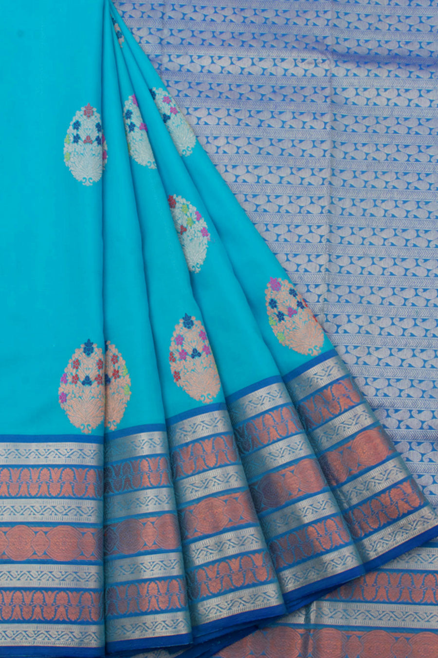 Handloom Pure Zari Kanjivaram Silk Saree with Meenakari Floral Motifs and Silver, Copper Coloured Zari Border