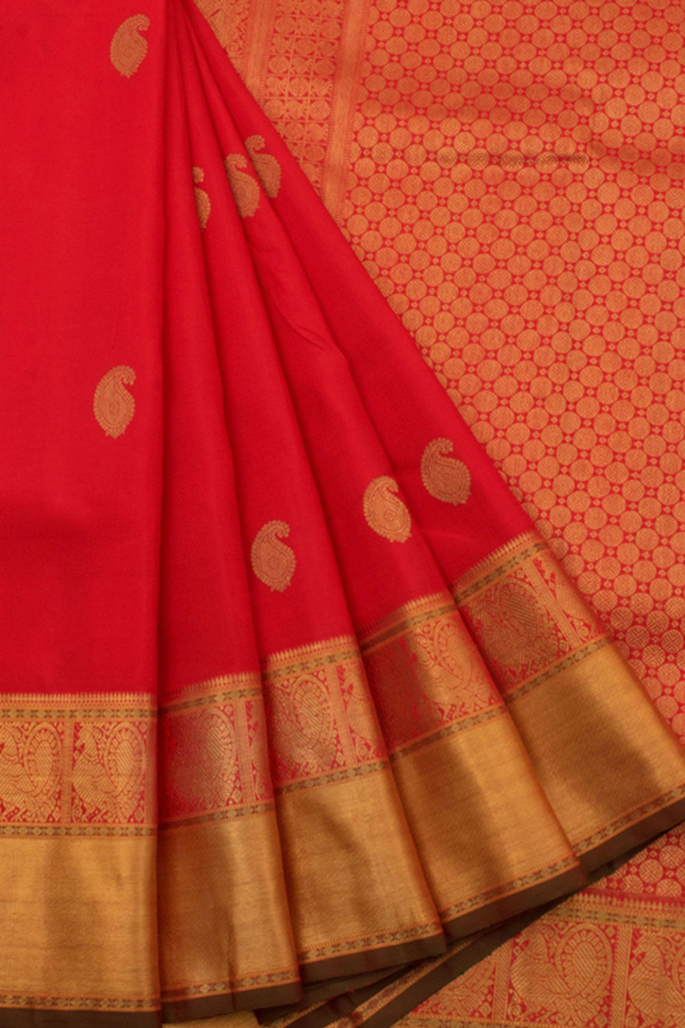 Handloom Pure Zari Bridal Kanjivaram Silk Saree with Paisley Motifs and Peacock Bavanji Border