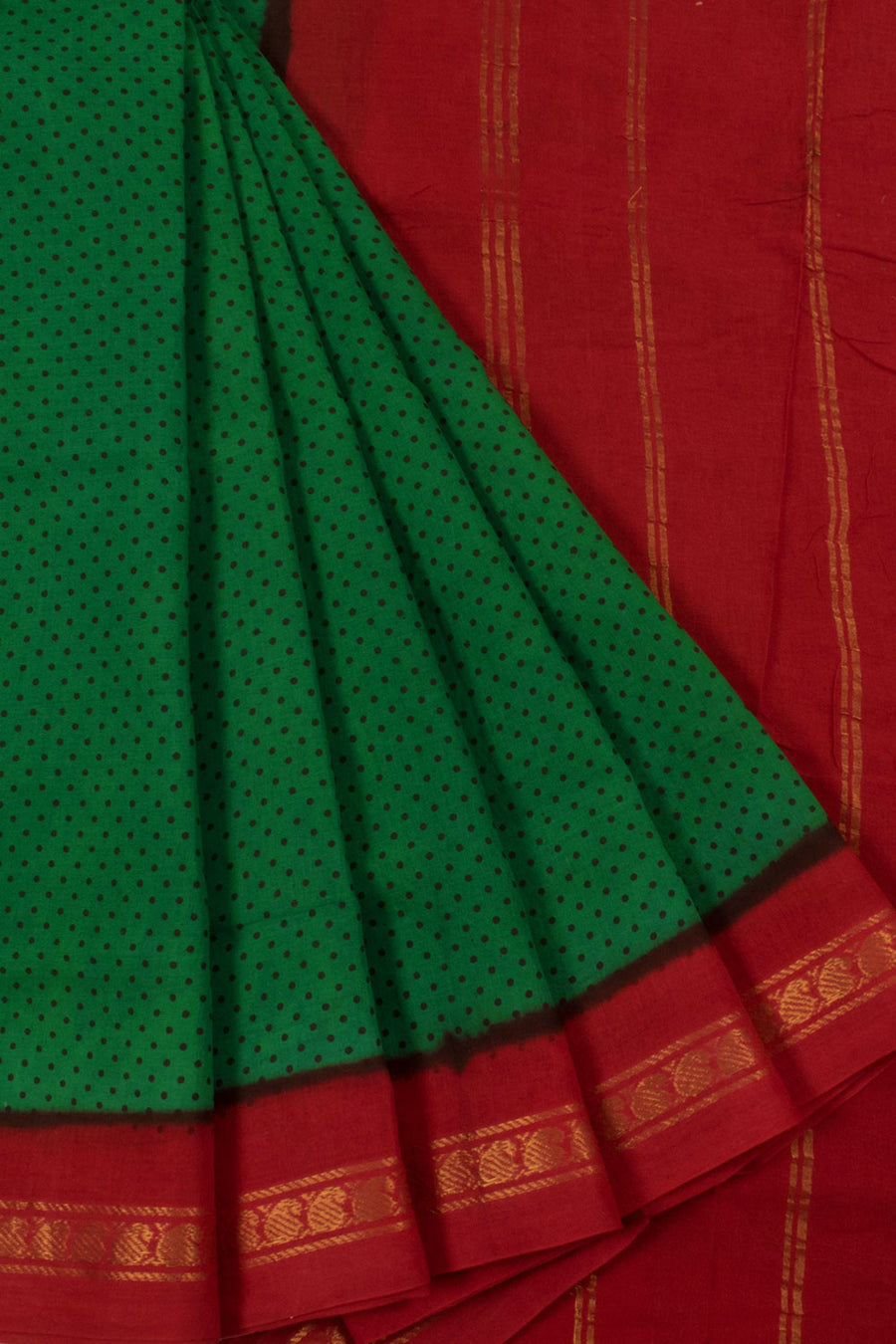 Hand Block Printed Sungudi Cotton Saree with Dots Design and Paisley Zari Border