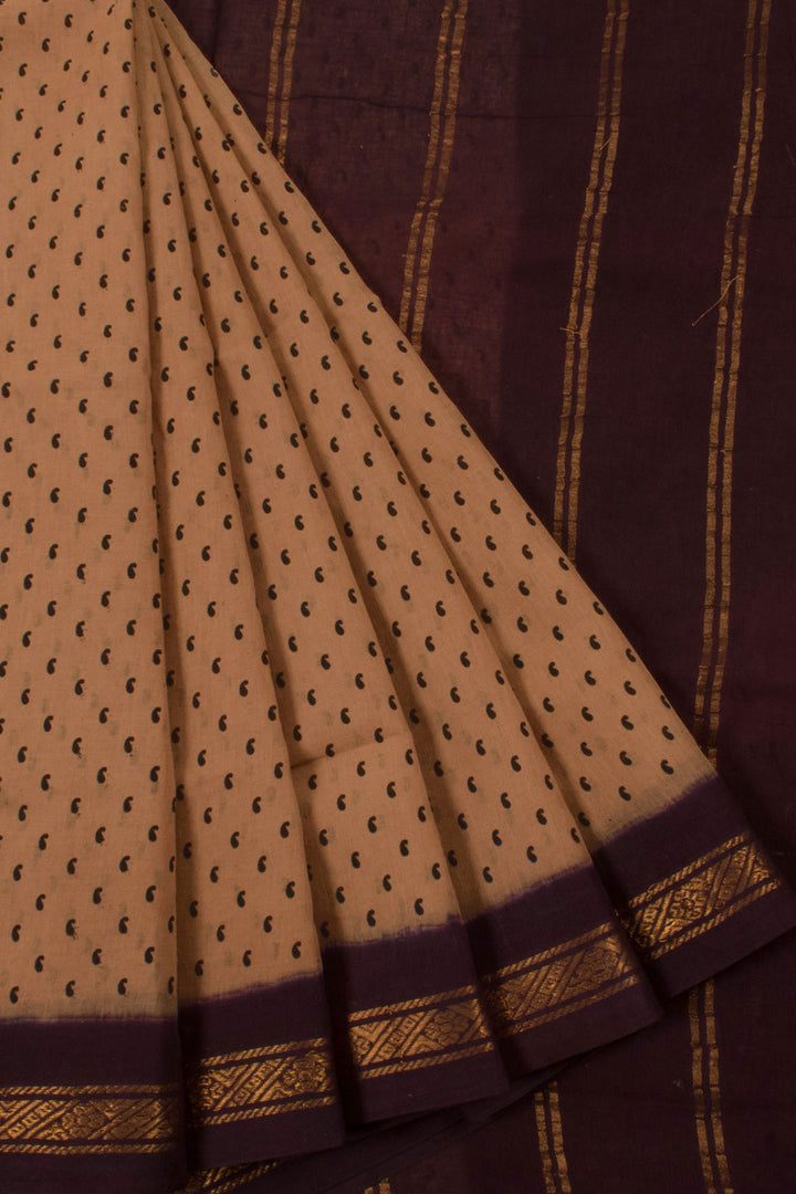 Hand Block Printed Sungudi Cotton Saree with Paisley Motifs and Zari Border