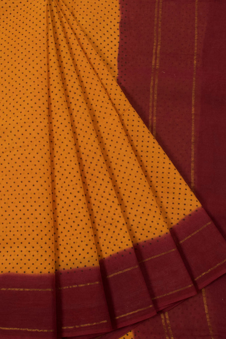 Hand Block Printed Sungudi Cotton Saree with Dots Design and Zari Stripes Border