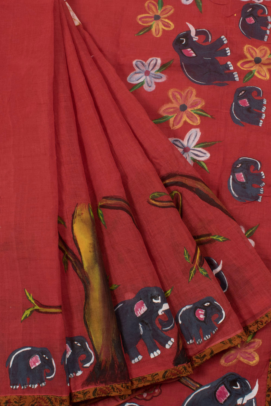 Hand Painted Cotton Saree with Tree, Bird, Elephant Motifs and Kalamkari Border