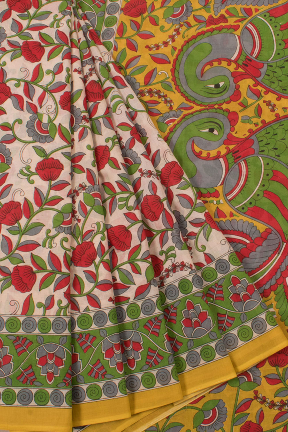 Printed Kalamkari Cotton Saree with Floral Design and Peacock Pallu