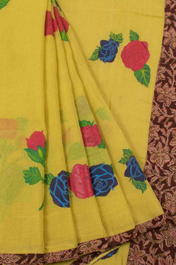 Hand Painted Cotton Saree with Rose Motifs and Kalamkari Border and Pallu