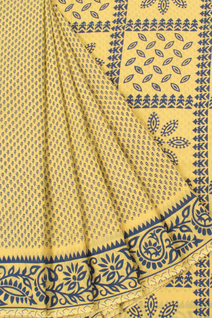 Hand Block Printed Cotton Saree with Floral, Paisley Motifs