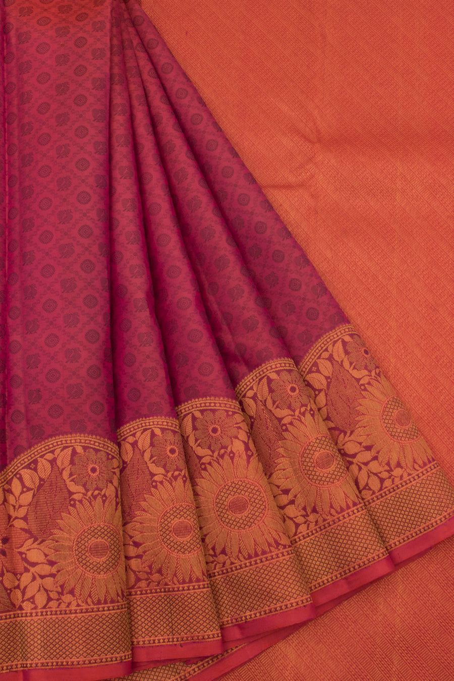 Handloom Pure Silk Jacquard Kanjivaram Saree with Mayil Chakram Motifs and Turning Floral Border
