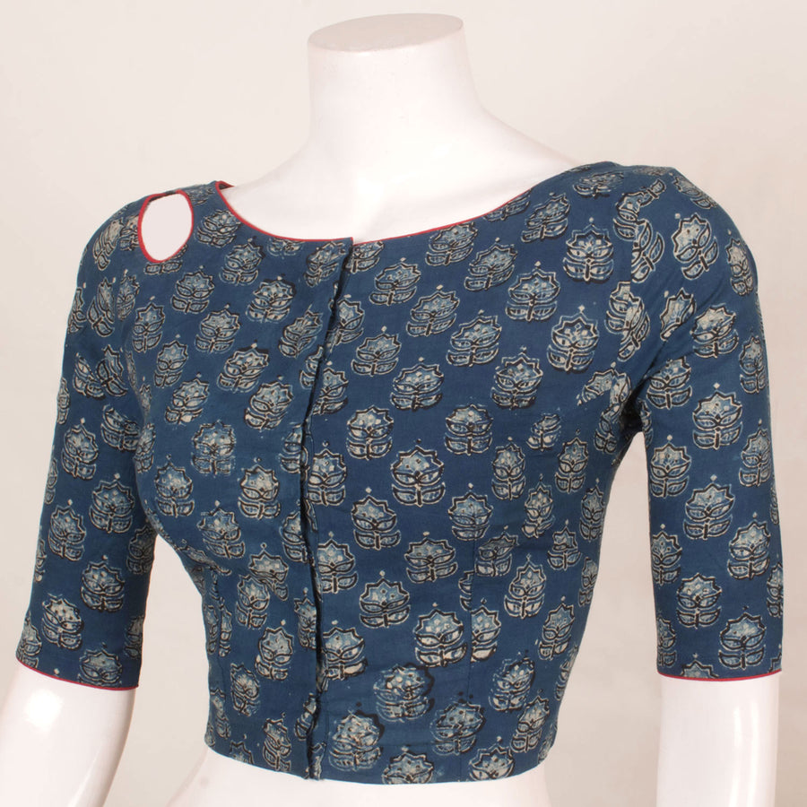 Hand Block Printed Cotton Blouse with Keyhole Design and Contrast Piping