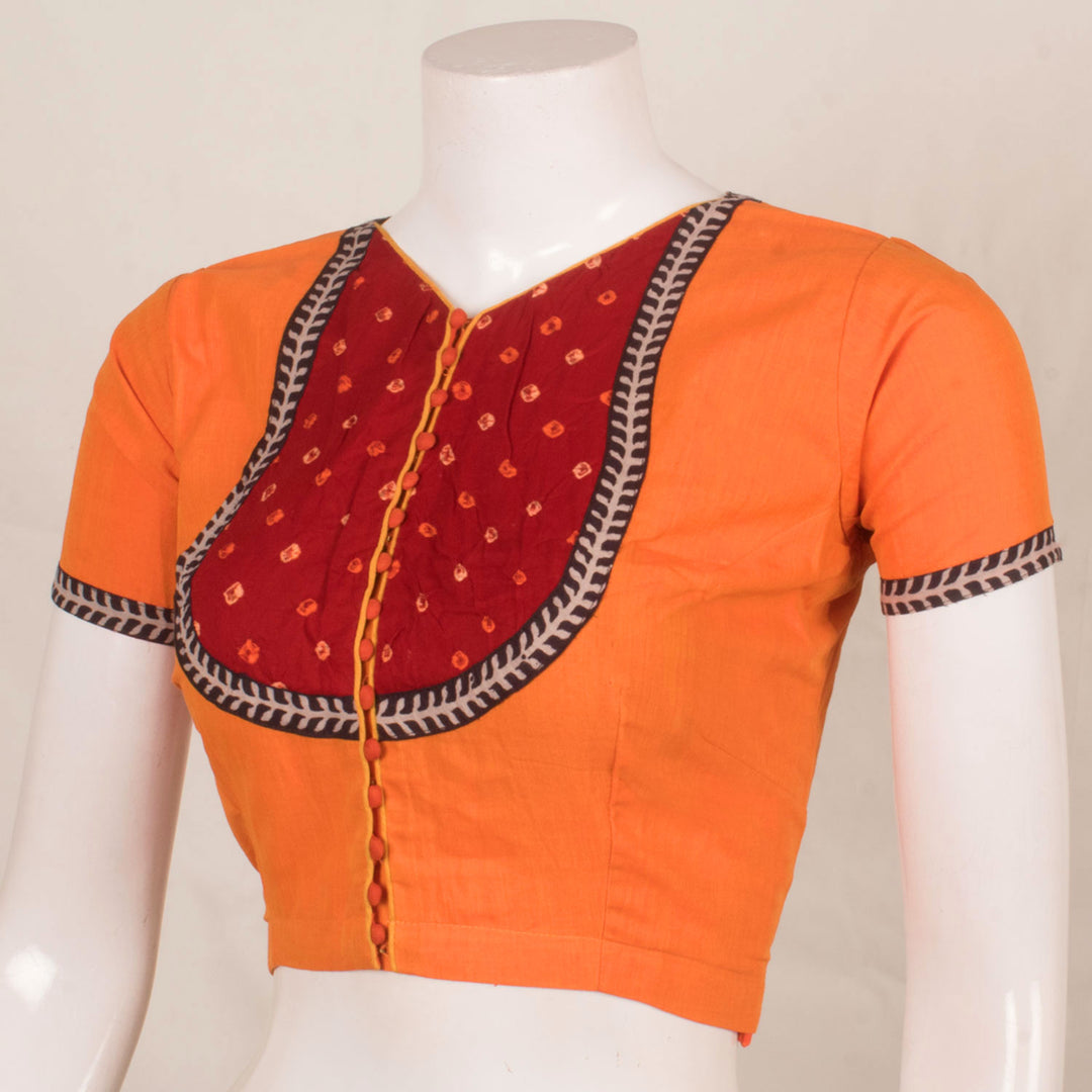Handcrafted Cotton Blouse with Bandhani Yoke and Floral Mirror Embroidered Back 