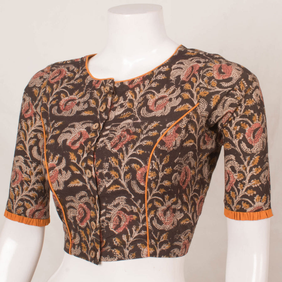 Hand Block Printed Cotton Blouse with Pleated Sleeve Edge and Contrast Piping
