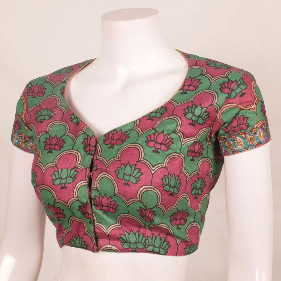 Hand Block Printed Tussar Silk Padded Blouse with Zari Embroidered Sleeves