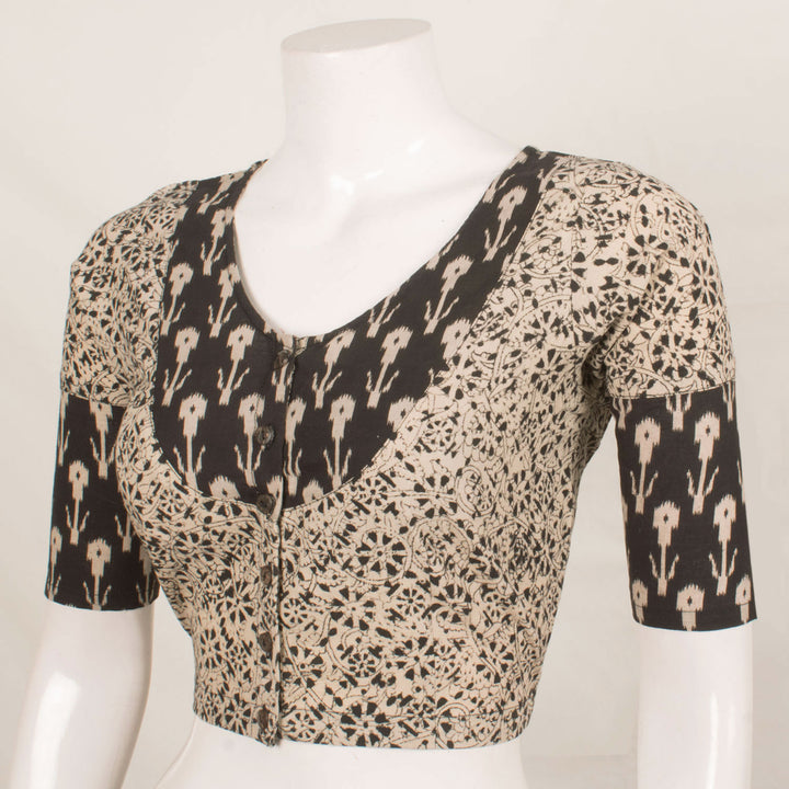 Hand Block Printed Cotton Blouse with Ikat Yoke and Sleeves
