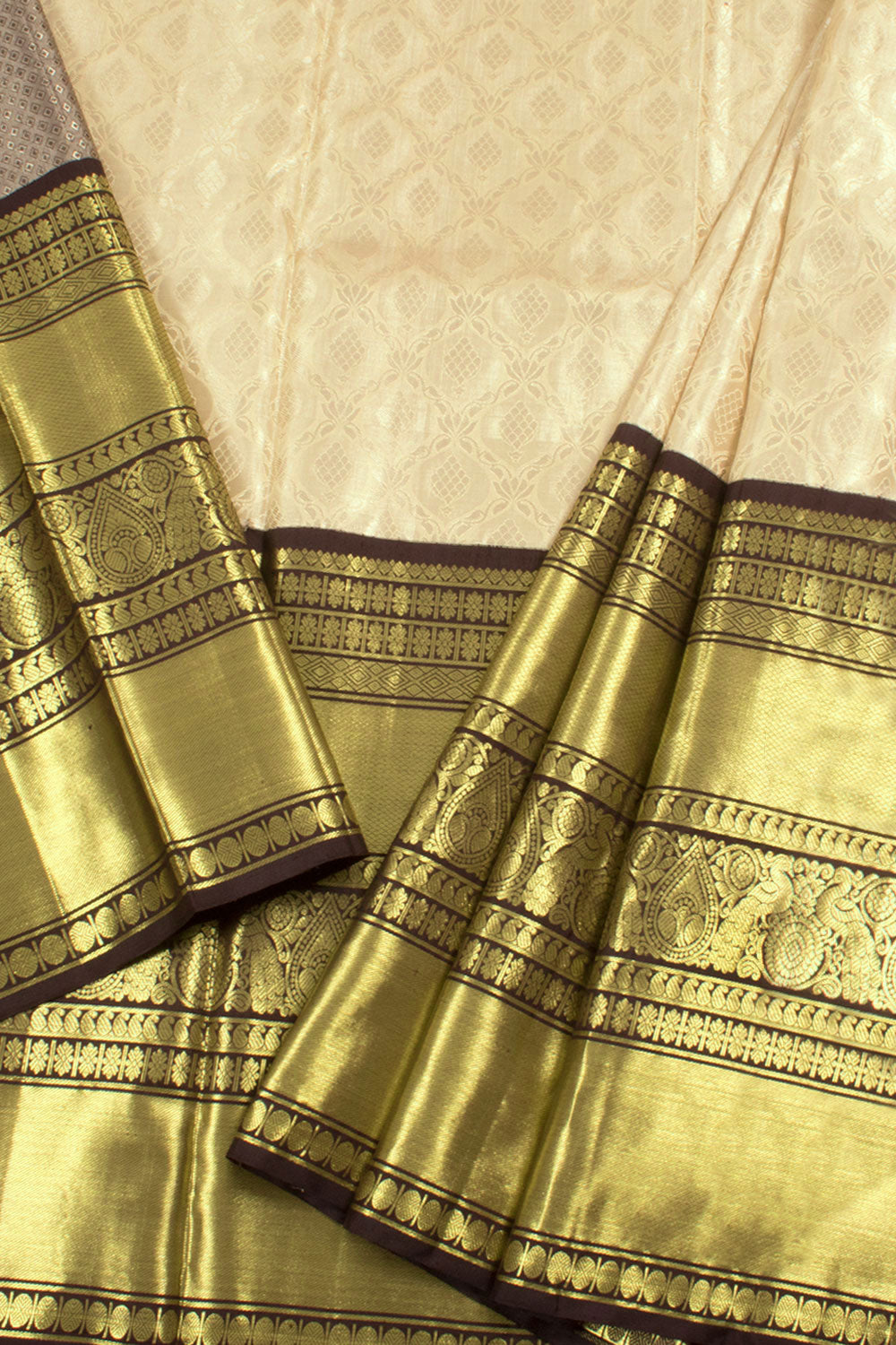 Universal Size Handloom Pure Zari Korvai Kanjivaram Tissue Silk Pattu Pavadai Material with Trellis Floral Design and Kuyil Kann Peacock Border