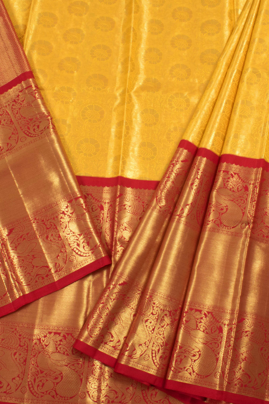 Universal Size Handloom Pure Zari Korvai Kanjivaram Tissue Silk Pattu Pavadai Material with Floral Design and Peacock Yazhi Border 