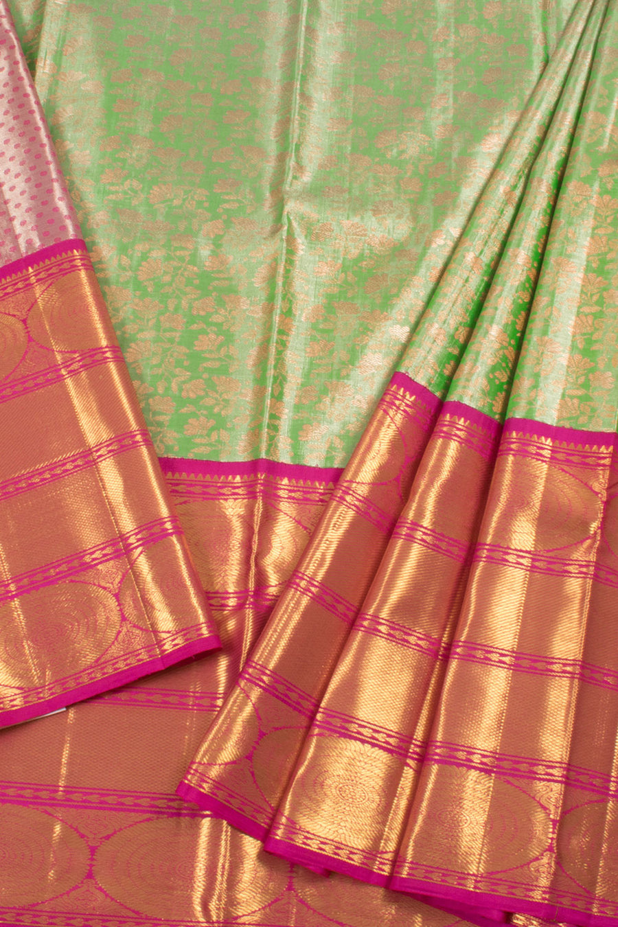 Universal Size Handloom Pure Zari Korvai Kanjivaram Tissue Silk Pattu Pavadai Material with Floral Design and Chakram Bavanji Border