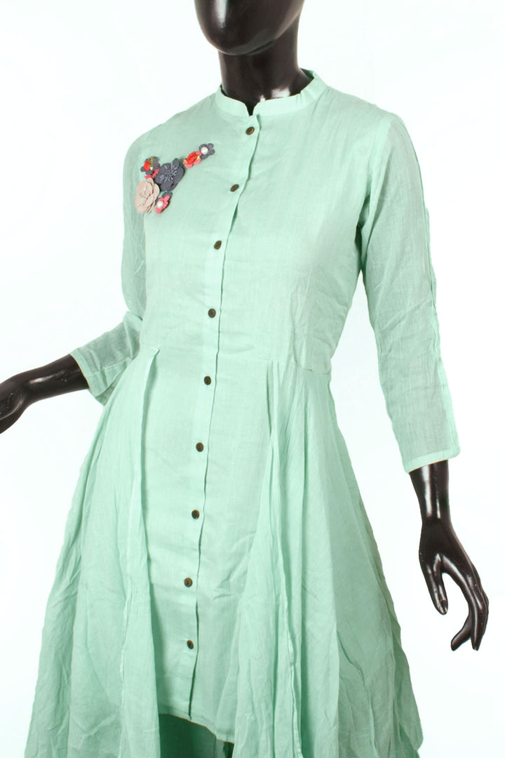 Handcrafted Cotton Kurta Set with Fancy Floral work on Yoke and Frill Edging Pant