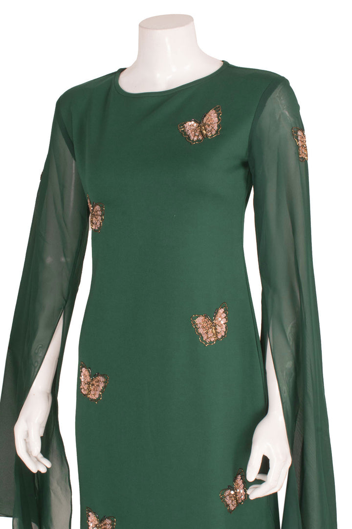 Handcrafted Vicose Cotton Sheath Dress with Butterfly Embellished and Slit Sleeves