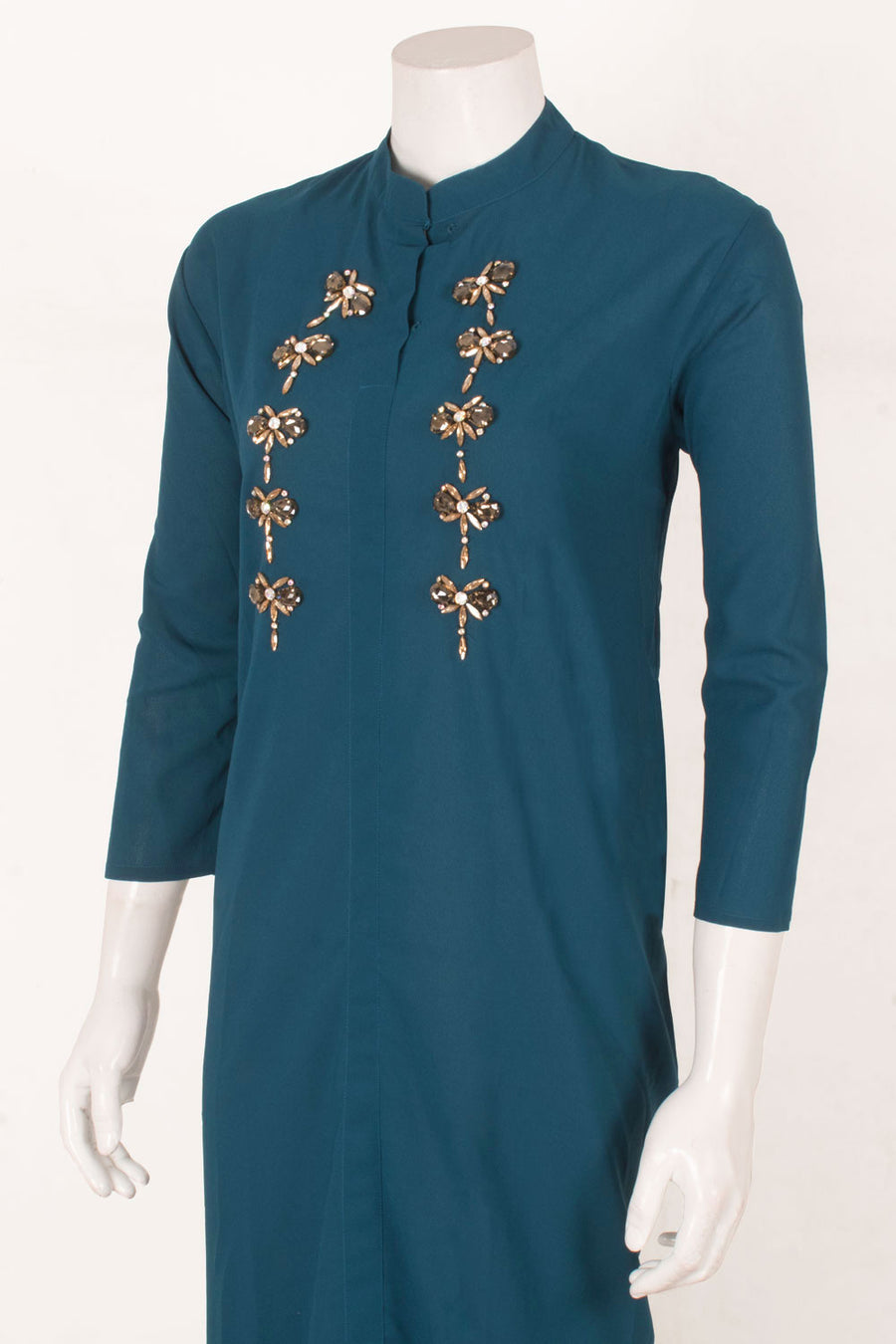 Handcrafted Georgette Dress with Embellished Yoke and Chinese Collar