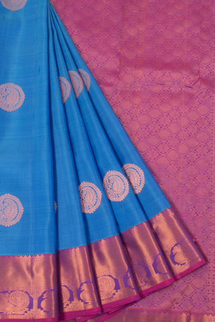 Handloom Pure Silk Kanjivaram Saree with Copper Coloured Paisley Chakram Motifs and Annam Border 