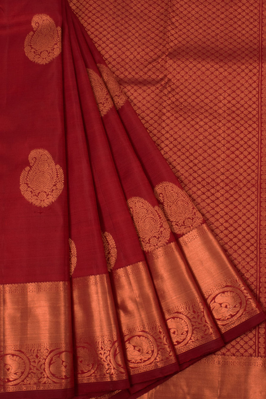 Handloom Pure Silk Kanjivaram Saree with Copper Coloured Paisley Motifs and Mayil Chakram Border