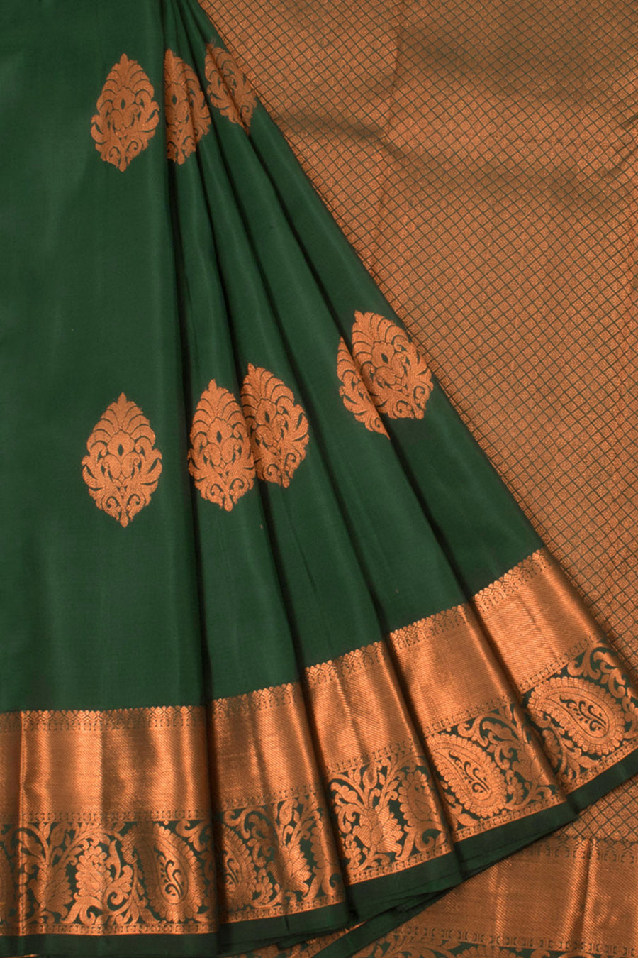 Handloom Pure Silk Kanjivaram Saree with Copper Coloured Floral Motifs and Paisley Border