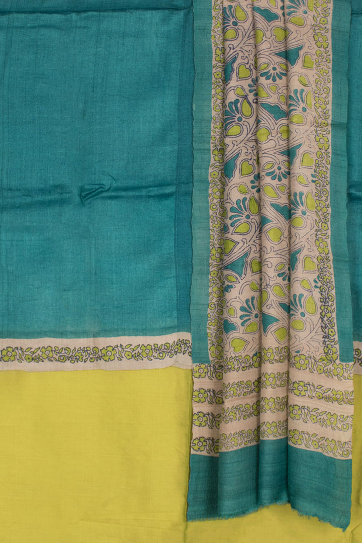 Hand Block Printed Tussar Silk 3-Piece Salwar Suit Material with Floral Design Dupatta