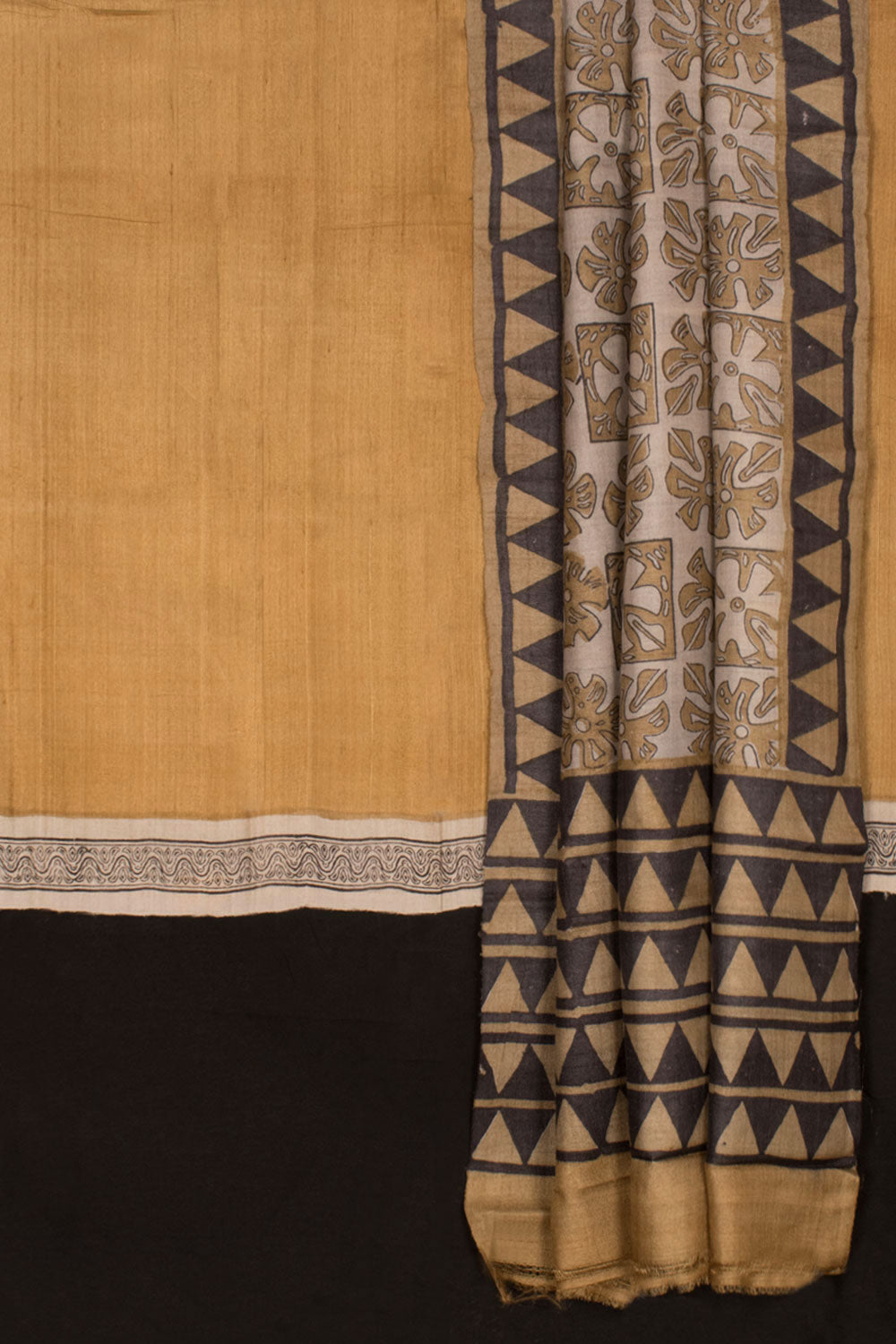 Hand Block Printed Tussar Silk 3-Piece Salwar Suit Material with Abstract Design Dupatta