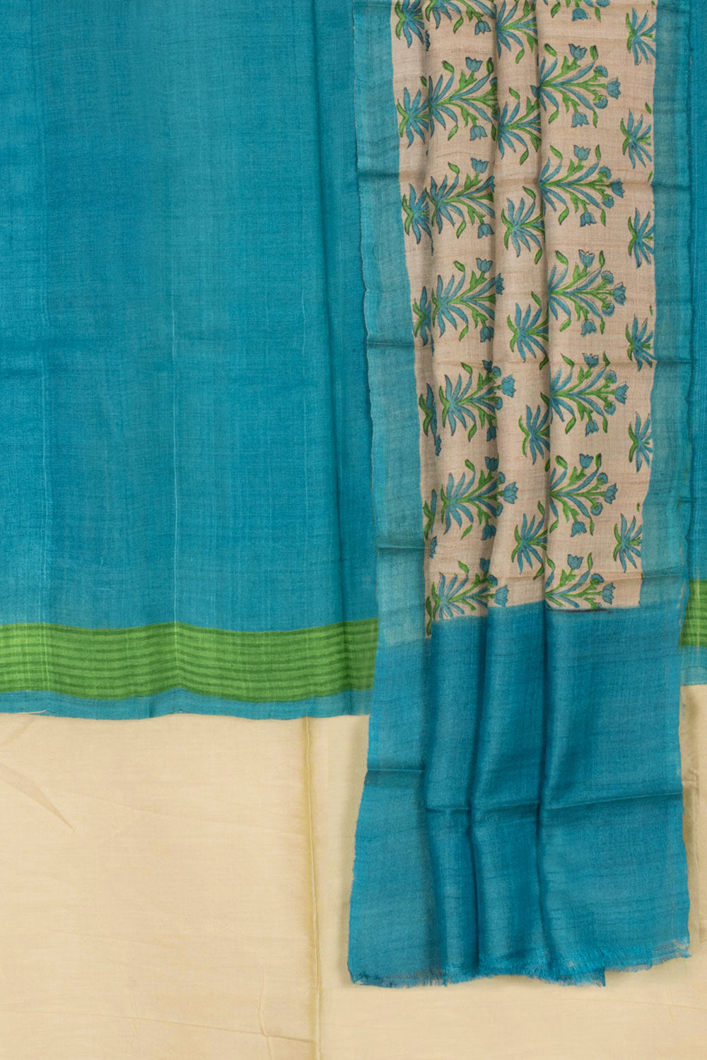 Hand Block Printed Tussar Silk 3-Piece Salwar Suit Material with Floral Motifs Dupatta