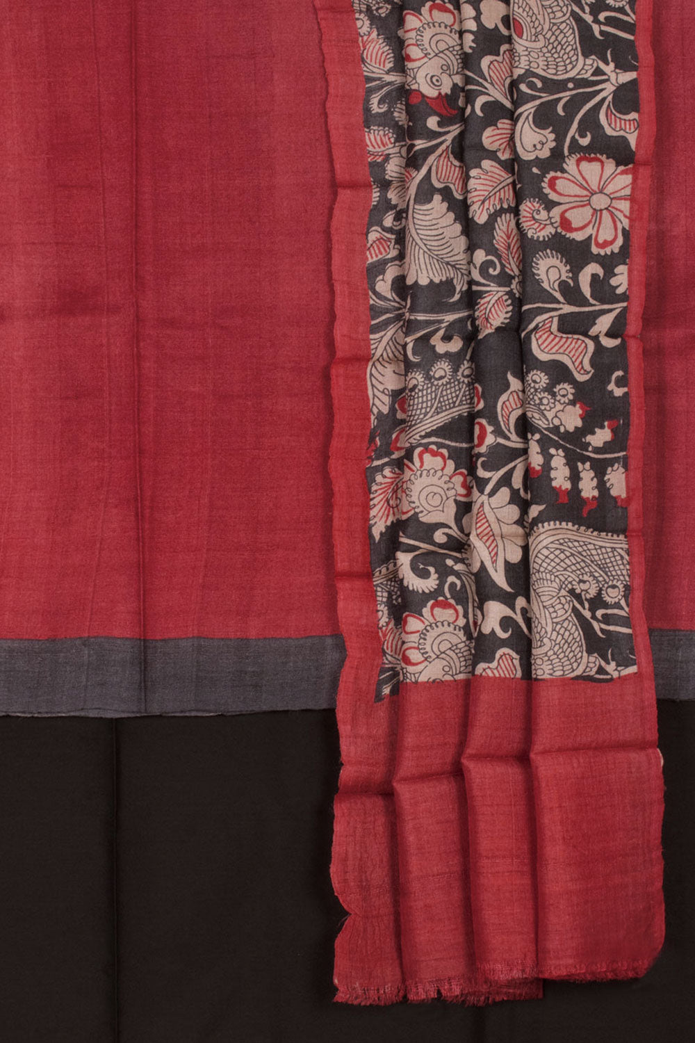 Hand Block Printed Tussar Silk 3-Piece Salwar Suit Material with Floral, Bird Design Dupatta