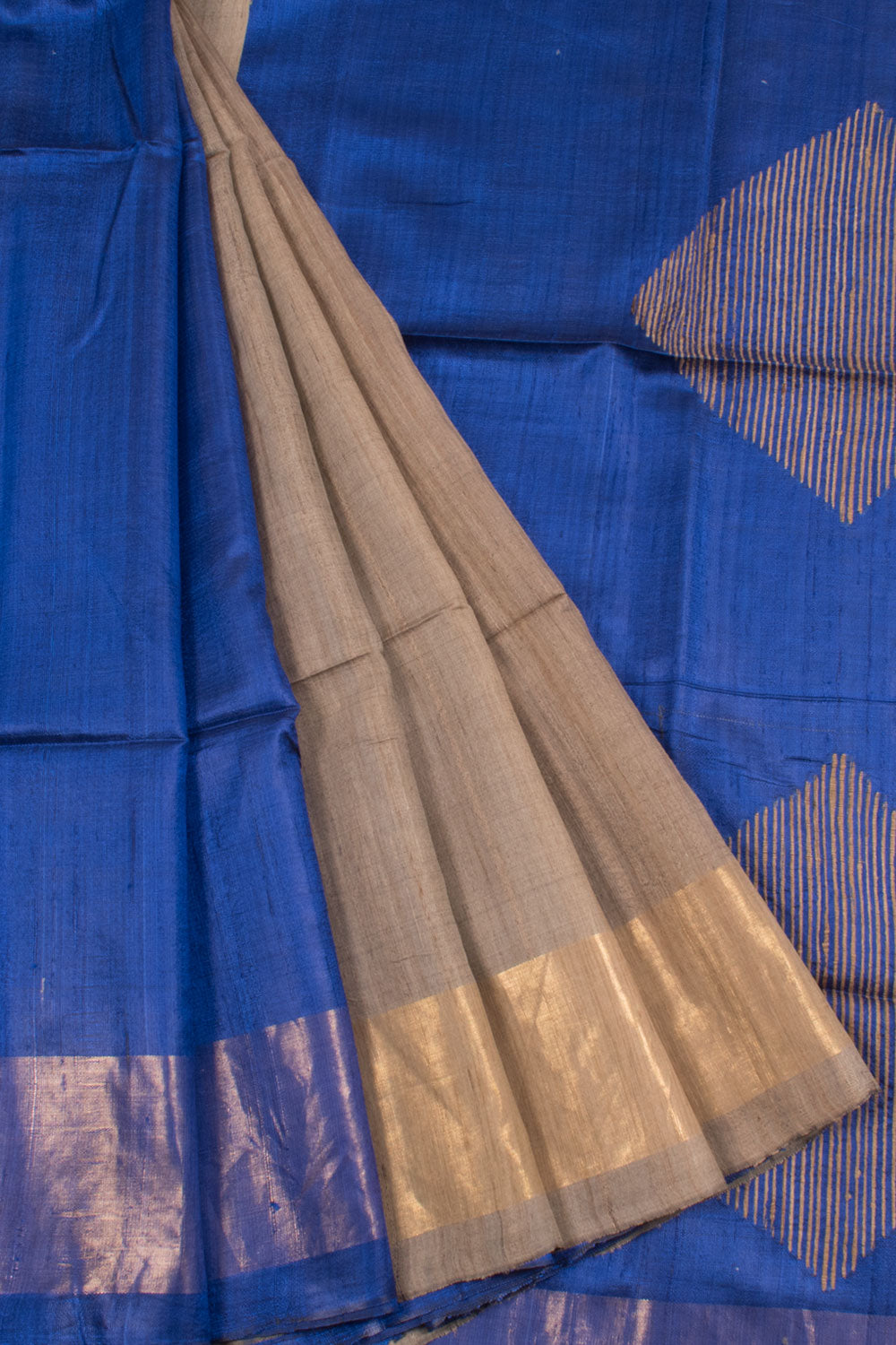 Handcrafted Half and Half Bhagalpur Tussar Silk Saree with Geometric Motifs Pallu and Zari Border