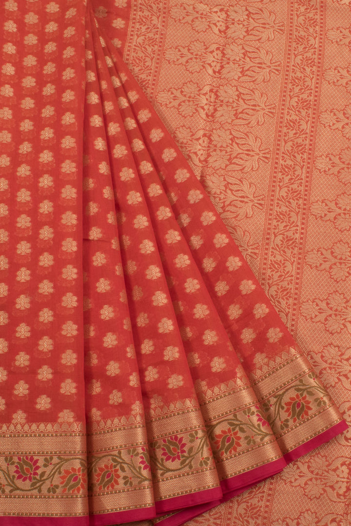 Banarasi Cotton Saree with Floral Motifs and Brocade Blouse